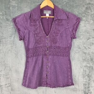 Womens Top Large Purple Boho Babydoll Embroidered Floral Chambray Denim Festival